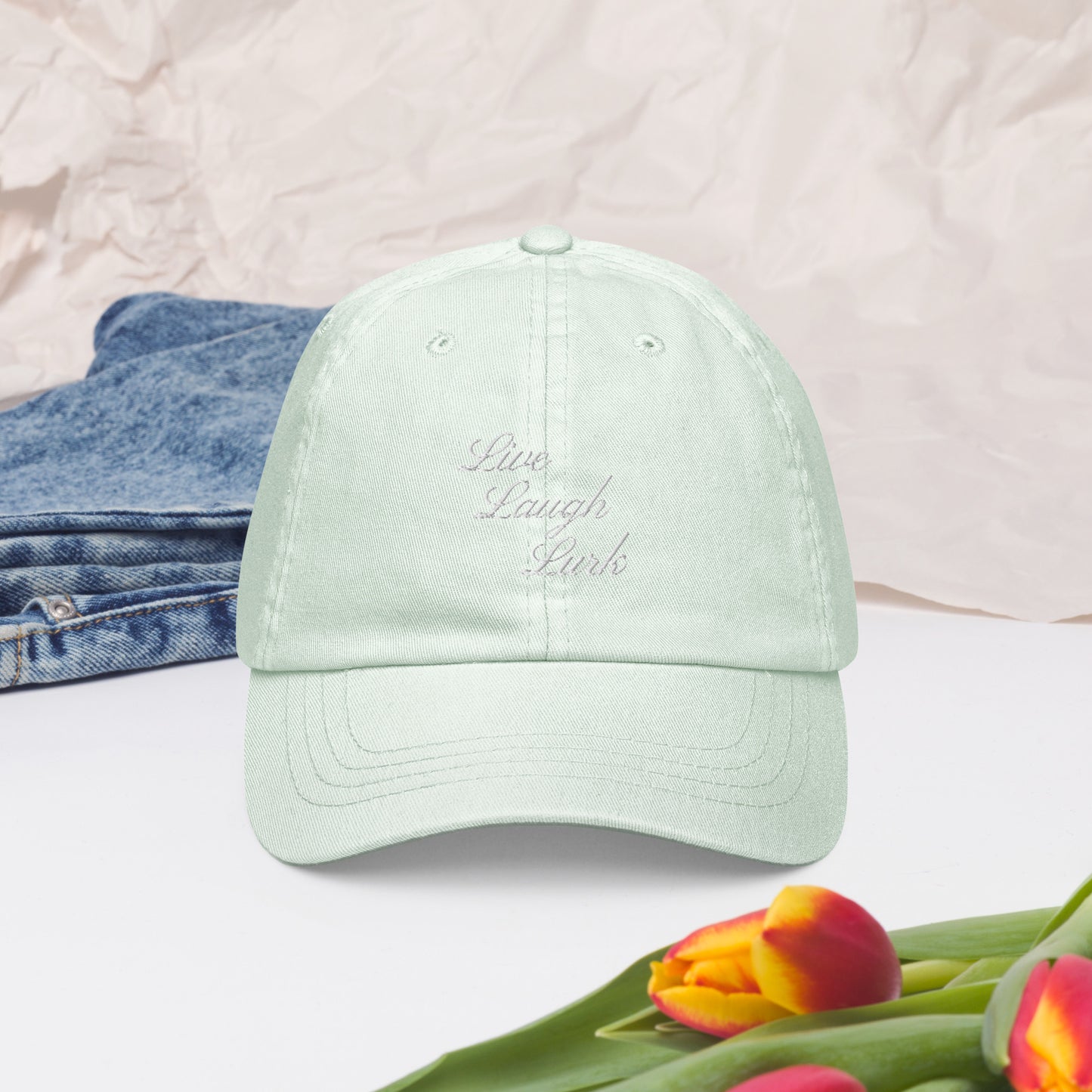 Live Laugh Lurk Script Pastel baseball hat