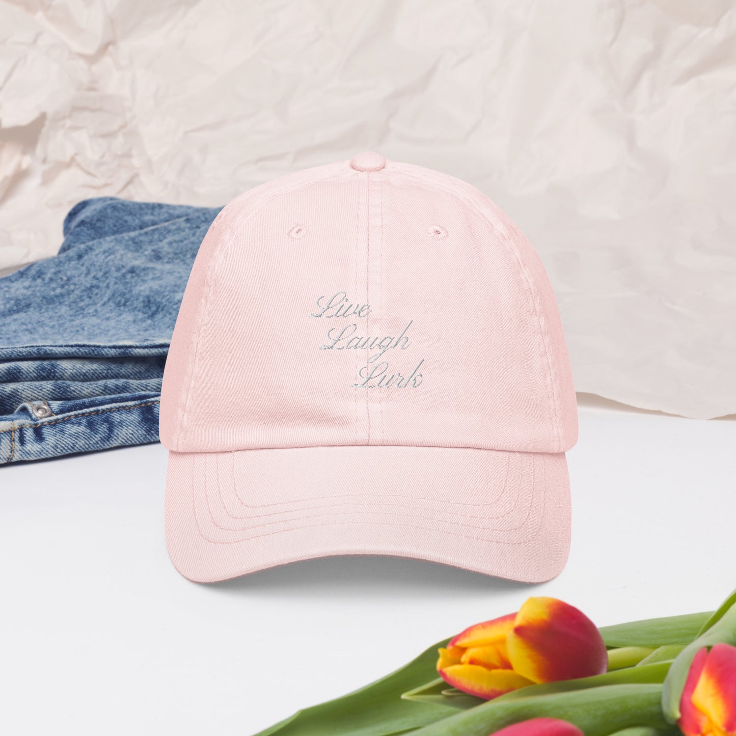 Live Laugh Lurk Script Pastel baseball hat